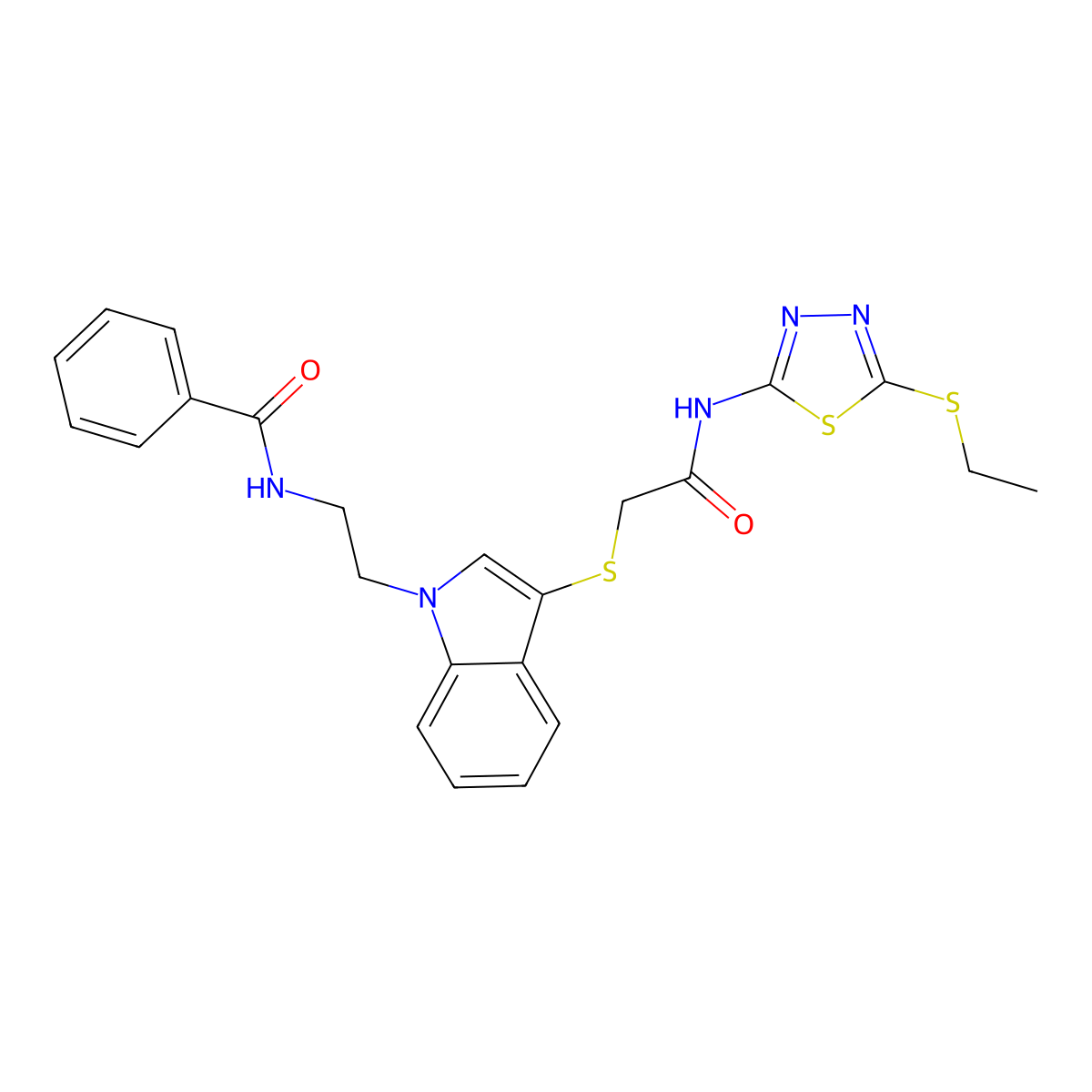 N-[2-[3-[2-[(5-ethylsulfanyl-1,3,4-thiadiazol-2-yl)amino]-2-oxoethyl]sulfanylindol-1-yl]ethyl]benzamide molecular structure, CAS 532969-85-0