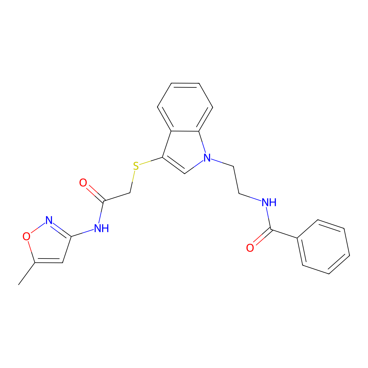 N-(2-(3-((2-((5-methylisoxazol-3-yl)amino)-2-oxoethyl)thio)-1H-indol-1-yl)ethyl)benzamide molecular structure, CAS 532969-87-2