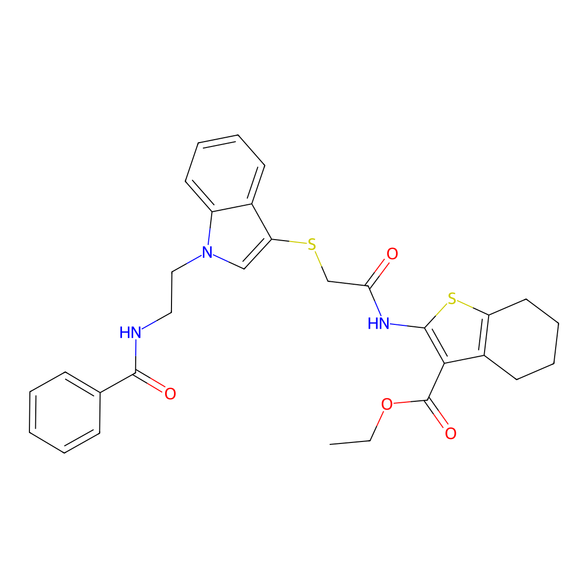 Ethyl 2-[[2-[1-(2-benzamidoethyl)indol-3-yl]sulfanylacetyl]amino]-4,5,6,7-tetrahydro-1-benzothiophene-3-carboxylate molecular structure, CAS 532969-88-3