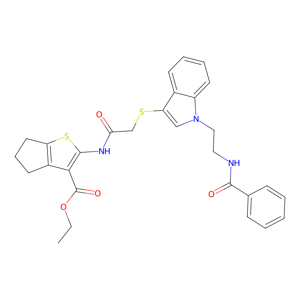 ethyl 2-(2-((1-(2-benzamidoethyl)-1H-indol-3-yl)thio)acetamido)-5,6-dihydro-4H-cyclopenta[b]thiophene-3-carboxylate molecular structure, CAS 532969-89-4