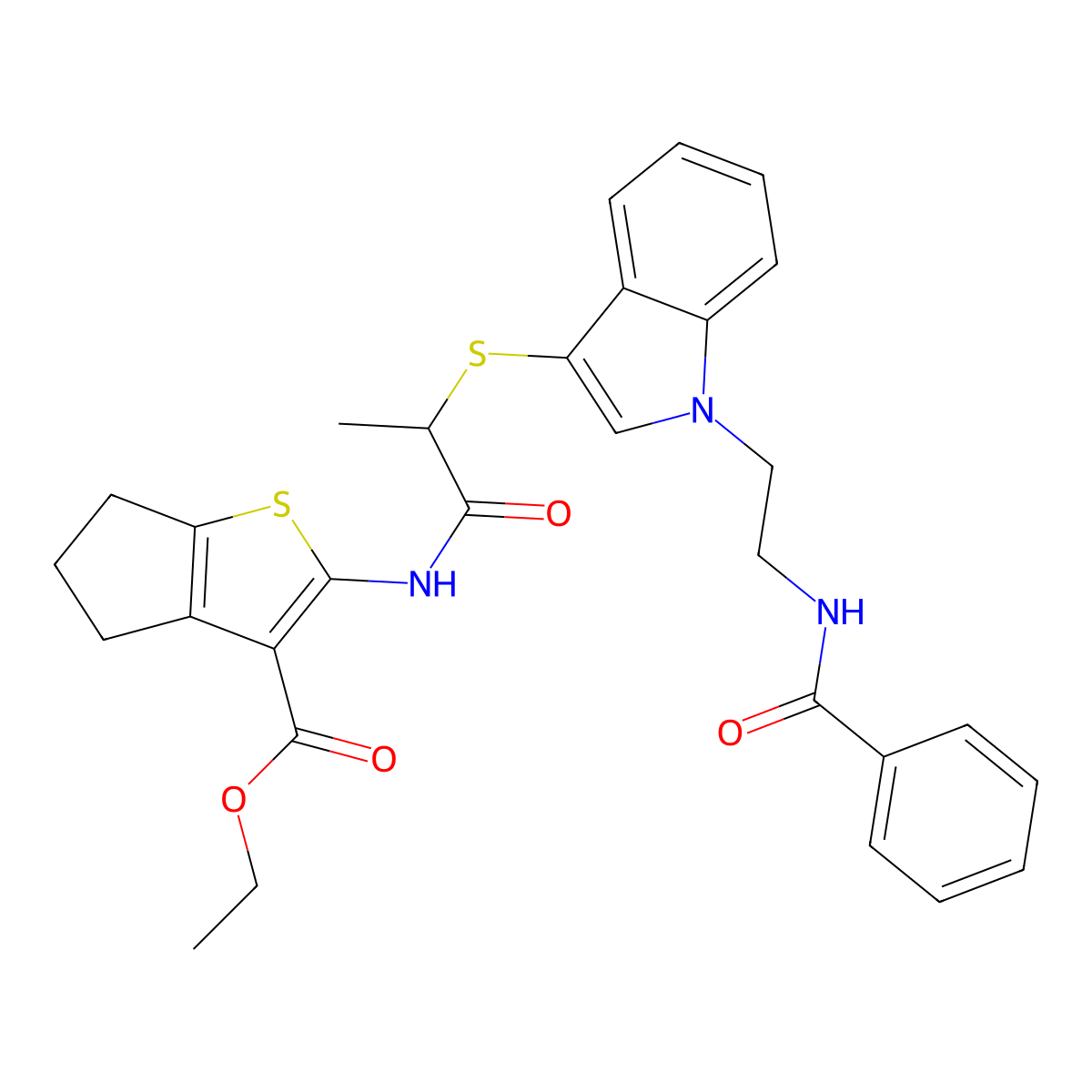 ethyl 2-(2-((1-(2-benzamidoethyl)-1H-indol-3-yl)thio)propanamido)-5,6-dihydro-4H-cyclopenta[b]thiophene-3-carboxylate molecular structure, CAS 532969-90-7