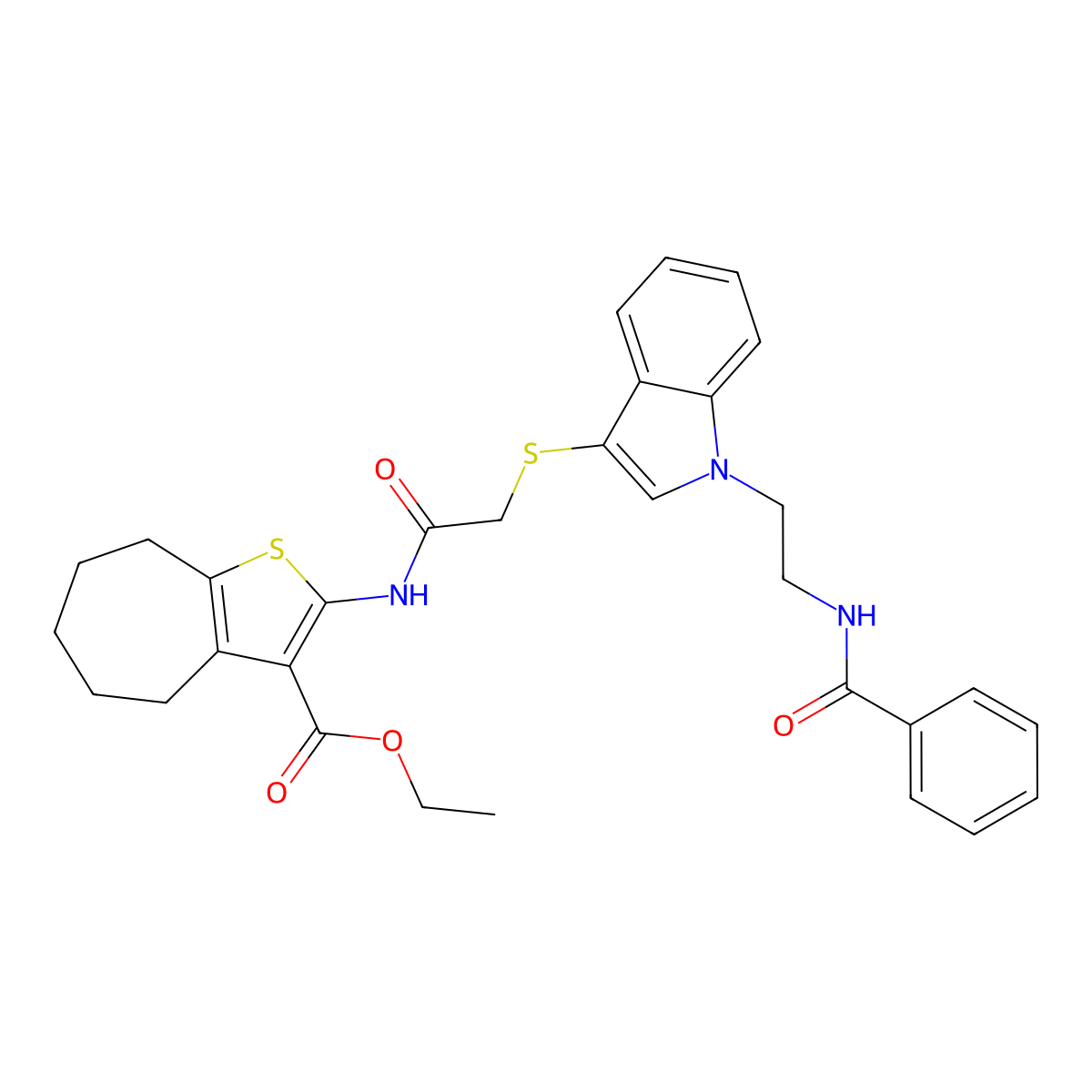 ethyl 2-(2-((1-(2-benzamidoethyl)-1H-indol-3-yl)thio)acetamido)-5,6,7,8-tetrahydro-4H-cyclohepta[b]thiophene-3-carboxylate molecular structure, CAS 532969-91-8