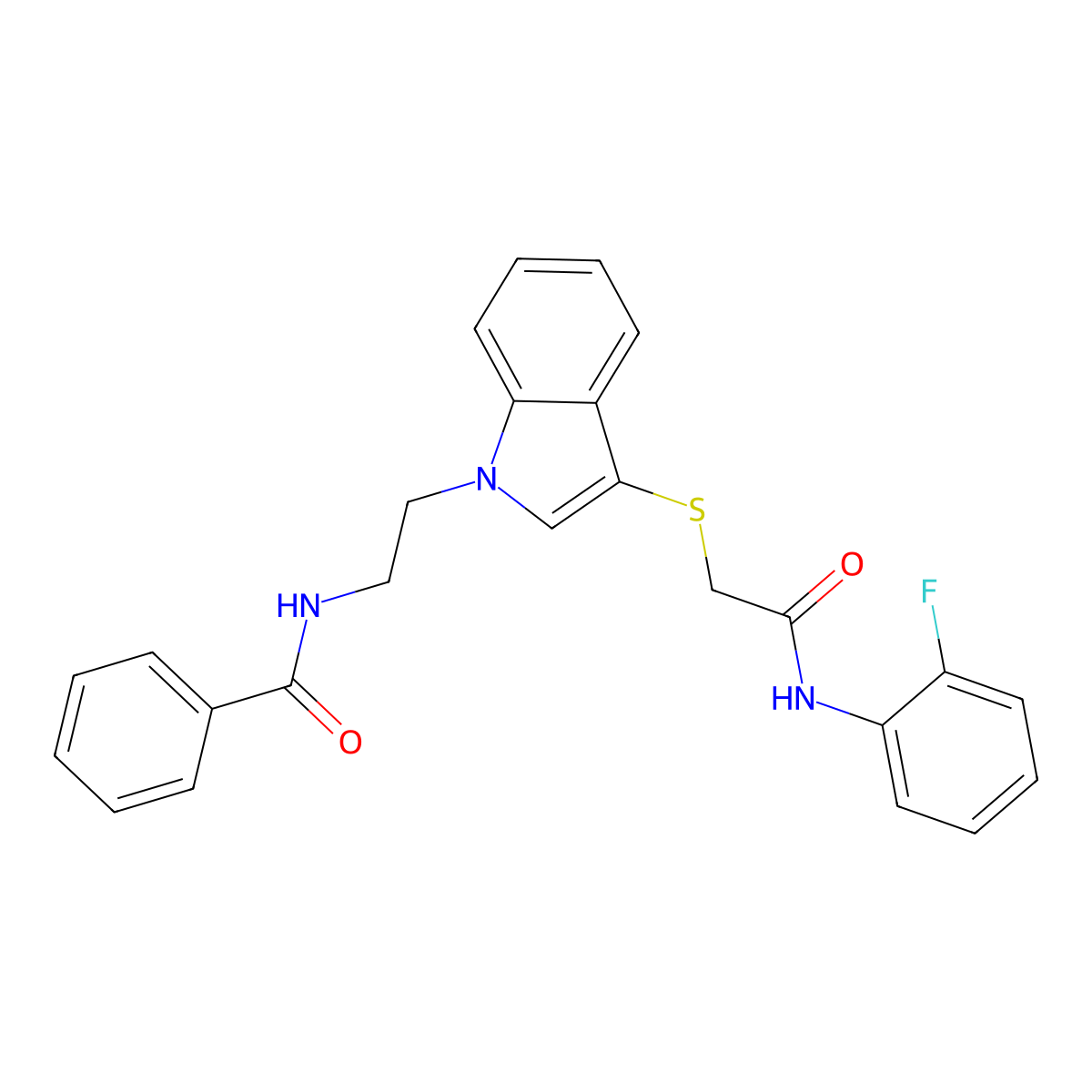 N-[2-[3-[2-(2-fluoroanilino)-2-oxoethyl]sulfanylindol-1-yl]ethyl]benzamide molecular structure, CAS 532969-98-5