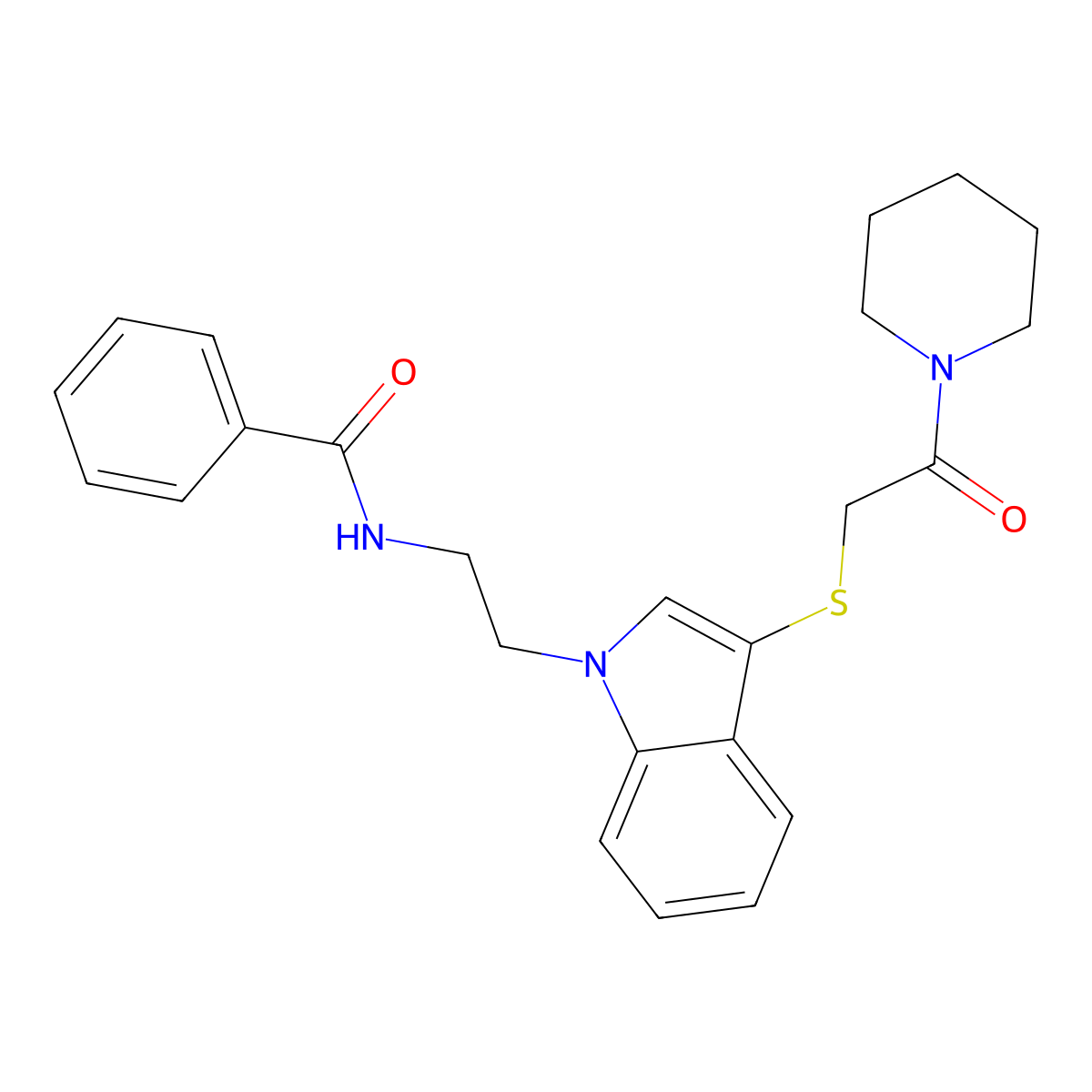 N-(2-(3-((2-oxo-2-(piperidin-1-yl)ethyl)thio)-1H-indol-1-yl)ethyl)benzamide molecular structure, CAS 532970-00-6