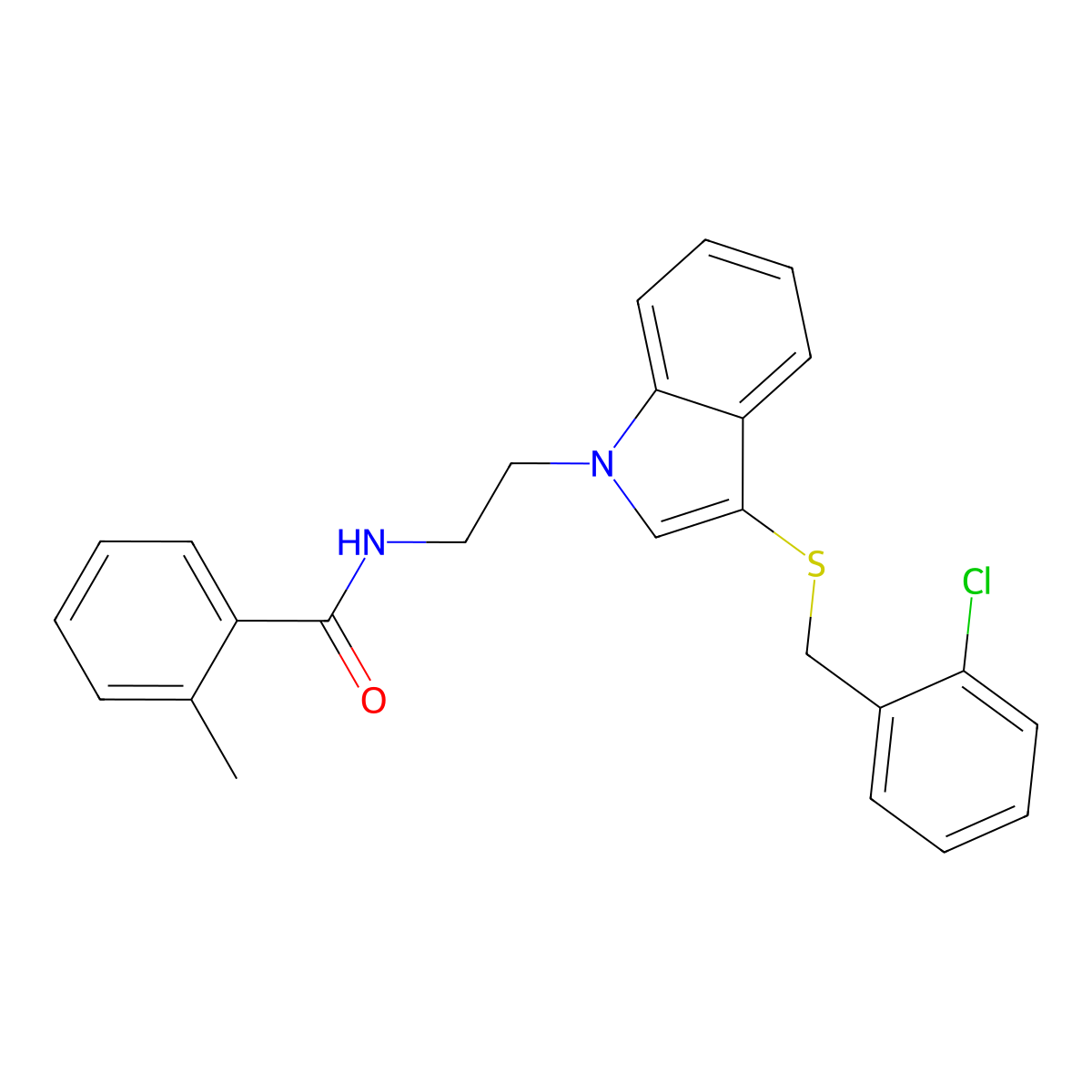 N-(2-(3-((2-chlorobenzyl)thio)-1H-indol-1-yl)ethyl)-2-methylbenzamide molecular structure, CAS 532970-07-3