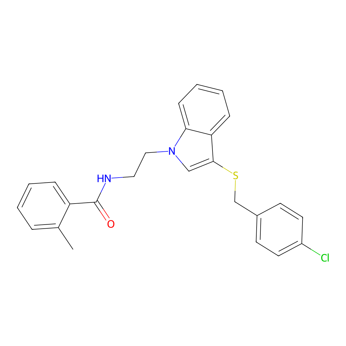 N-(2-(3-((4-chlorobenzyl)thio)-1H-indol-1-yl)ethyl)-2-methylbenzamide molecular structure, CAS 532970-08-4