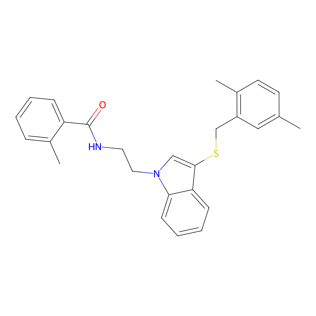 N-(2-(3-((2,5-dimethylbenzyl)thio)-1H-indol-1-yl)ethyl)-2-methylbenzamide molecular structure, CAS 532970-12-0