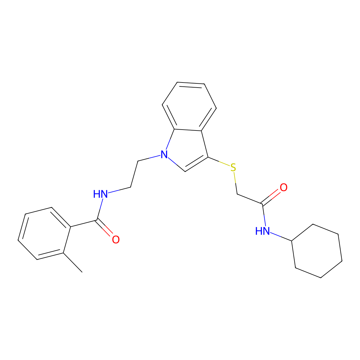 N-(2-(3-((2-(cyclohexylamino)-2-oxoethyl)thio)-1H-indol-1-yl)ethyl)-2-methylbenzamide molecular structure, CAS 532970-19-7