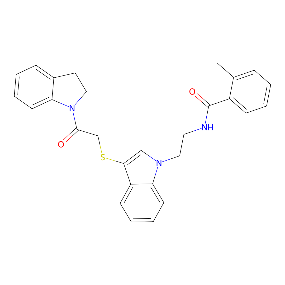 N-(2-(3-((2-(indolin-1-yl)-2-oxoethyl)thio)-1H-indol-1-yl)ethyl)-2-methylbenzamide molecular structure, CAS 532970-20-0