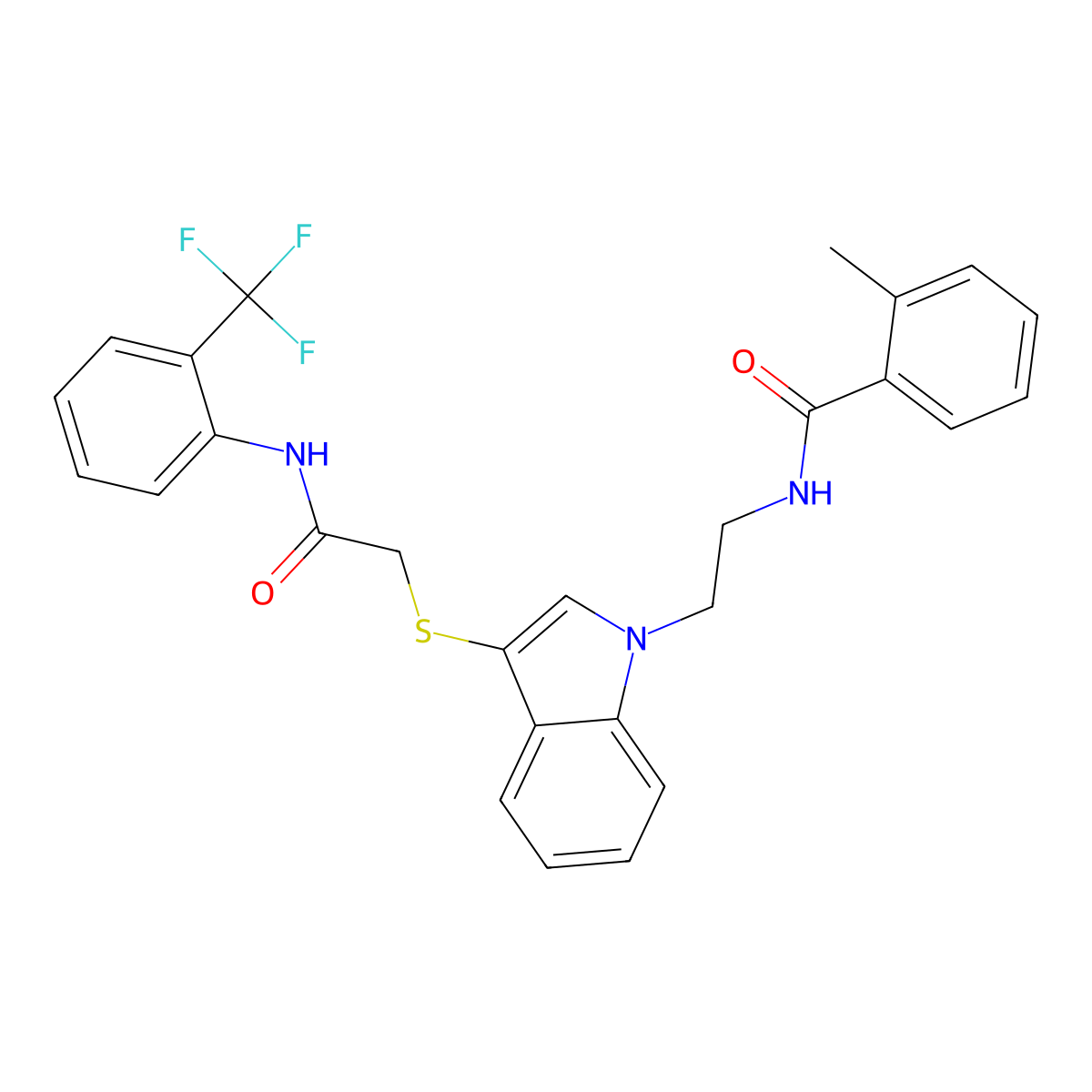 2-methyl-N-[2-[3-[2-oxo-2-[2-(trifluoromethyl)anilino]ethyl]sulfanylindol-1-yl]ethyl]benzamide molecular structure, CAS 532970-24-4