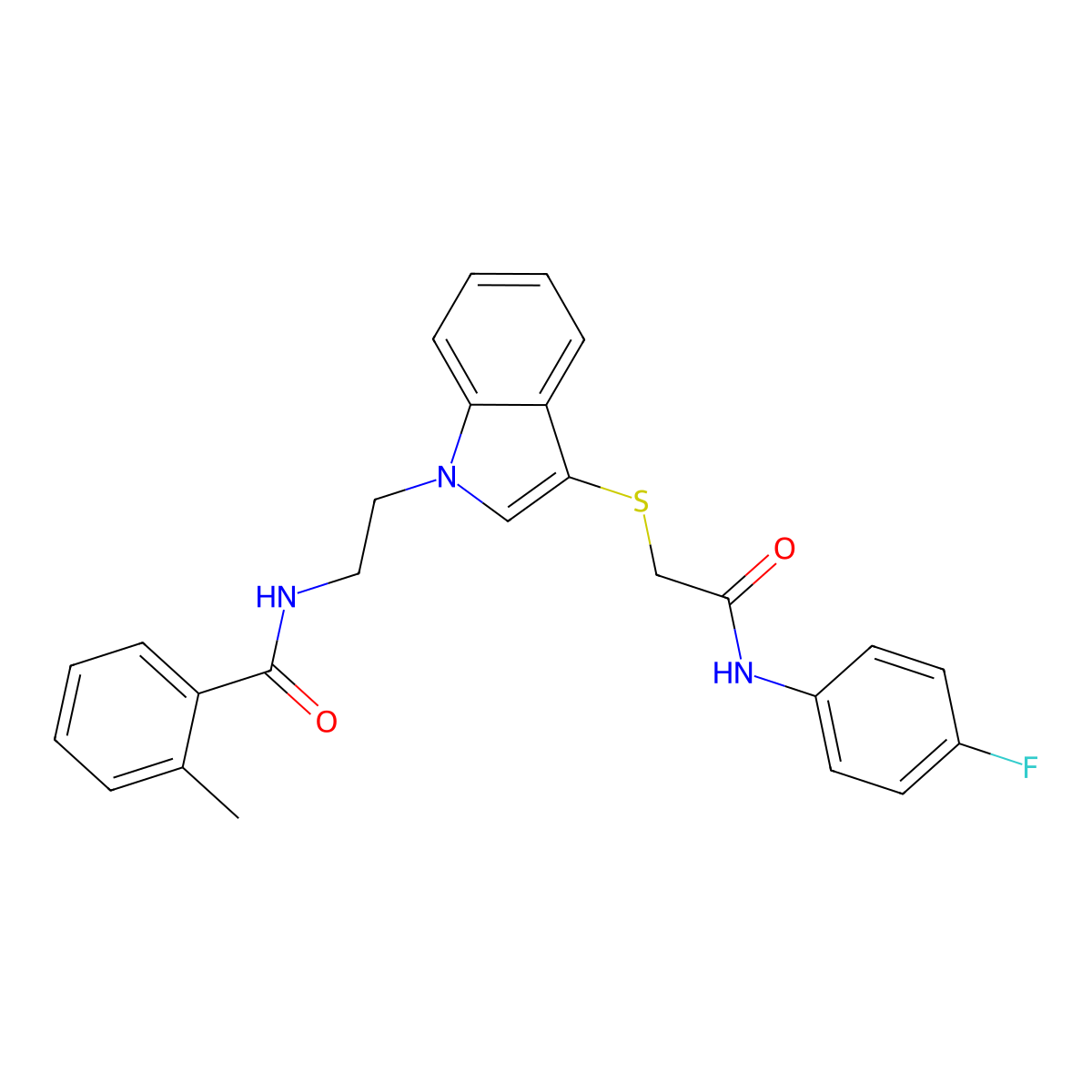 N-[2-[3-[2-(4-fluoroanilino)-2-oxoethyl]sulfanylindol-1-yl]ethyl]-2-methylbenzamide molecular structure, CAS 532970-25-5