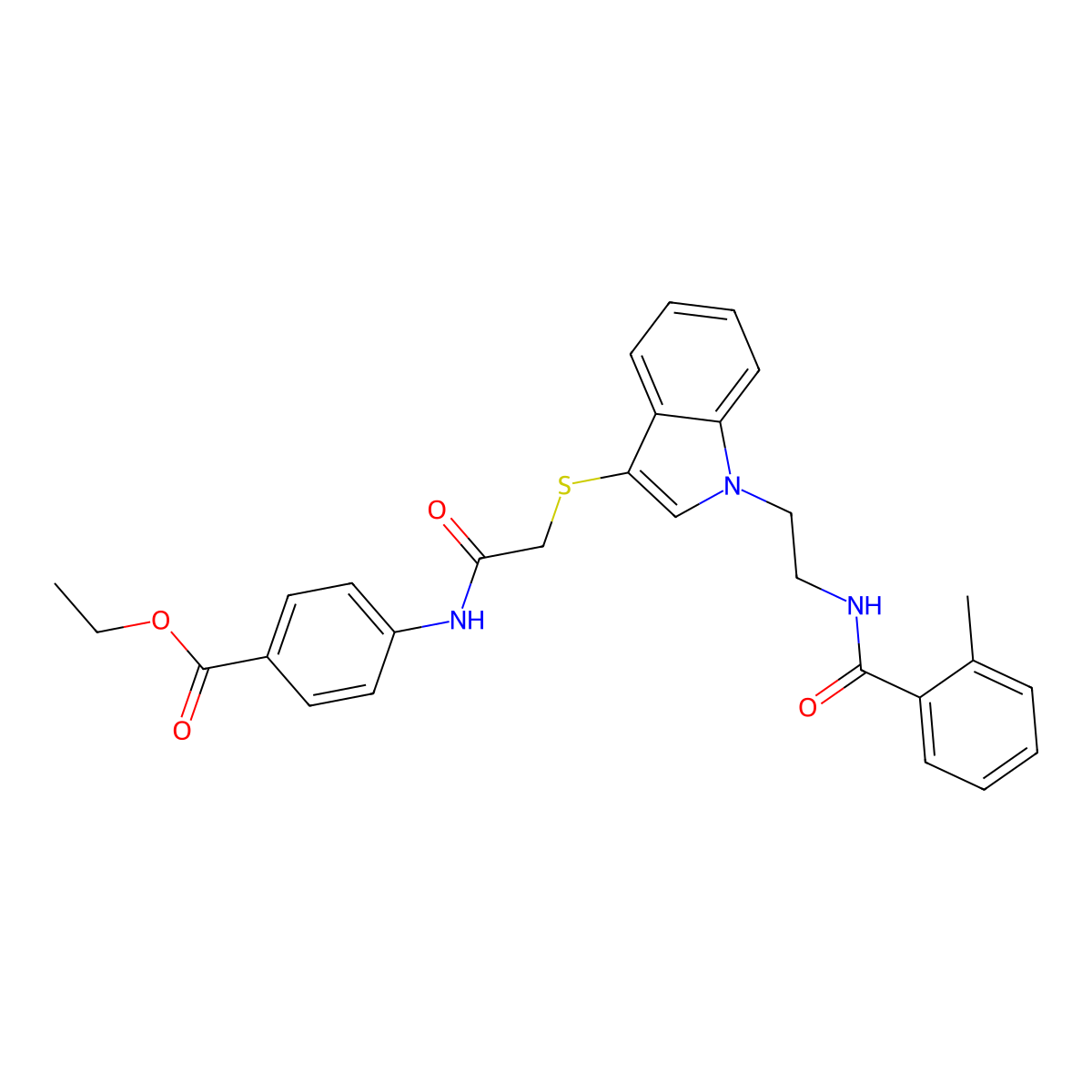 Ethyl 4-[[2-[1-[2-[(2-methylbenzoyl)amino]ethyl]indol-3-yl]sulfanylacetyl]amino]benzoate molecular structure, CAS 532970-29-9