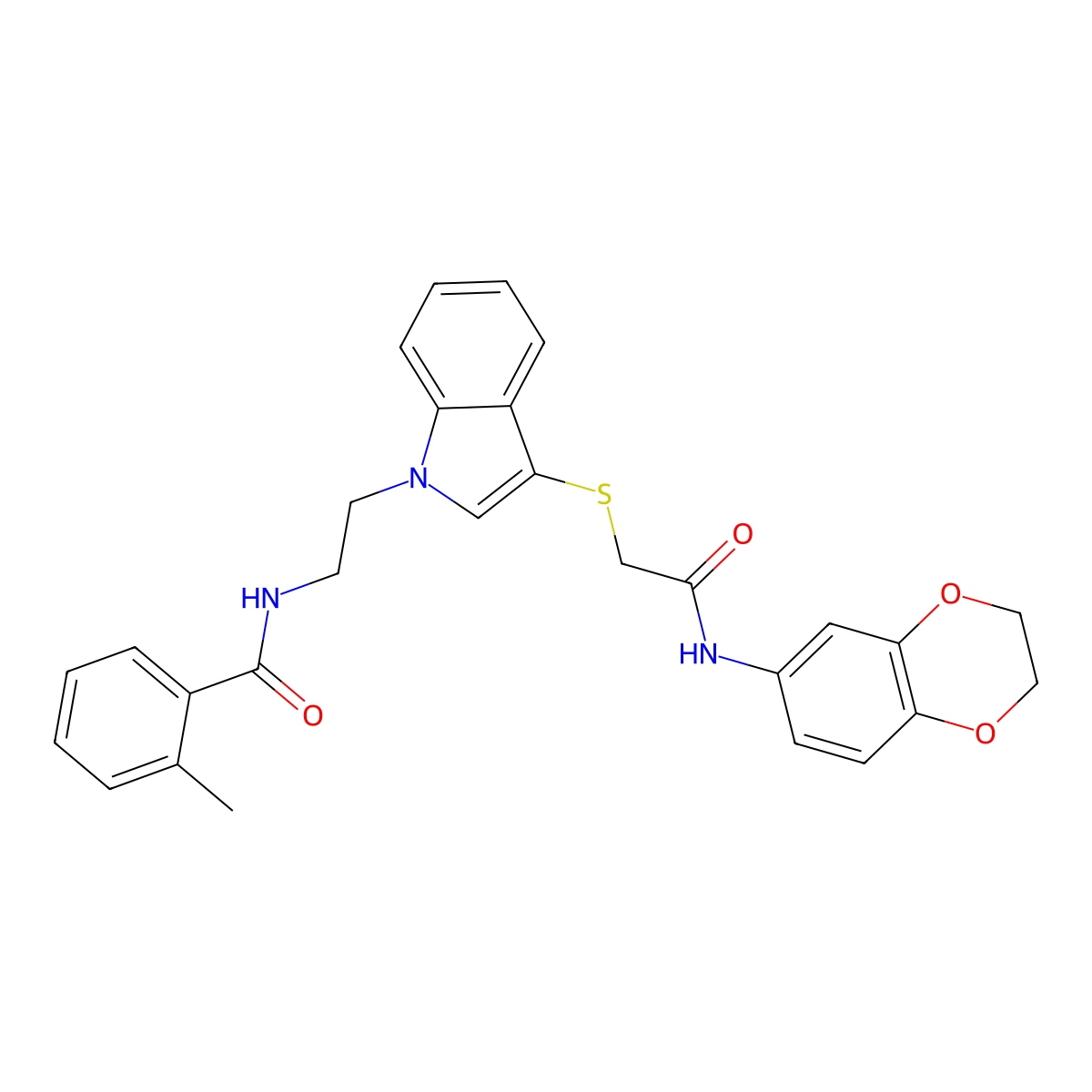 N-(2-(3-((2-((2,3-dihydrobenzo[b][1,4]dioxin-6-yl)amino)-2-oxoethyl)thio)-1H-indol-1-yl)ethyl)-2-methylbenzamide molecular structure, CAS 532970-34-6