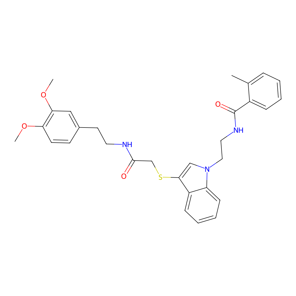 N-[2-[3-[2-[2-(3,4-dimethoxyphenyl)ethylamino]-2-oxoethyl]sulfanylindol-1-yl]ethyl]-2-methylbenzamide molecular structure, CAS 532970-35-7