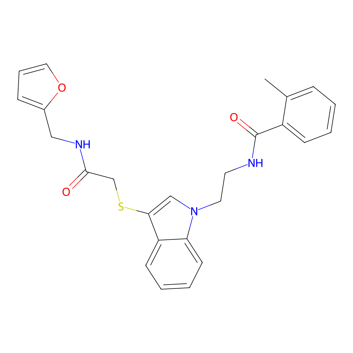 N-(2-(3-((2-((furan-2-ylmethyl)amino)-2-oxoethyl)thio)-1H-indol-1-yl)ethyl)-2-methylbenzamide molecular structure, CAS 532970-36-8