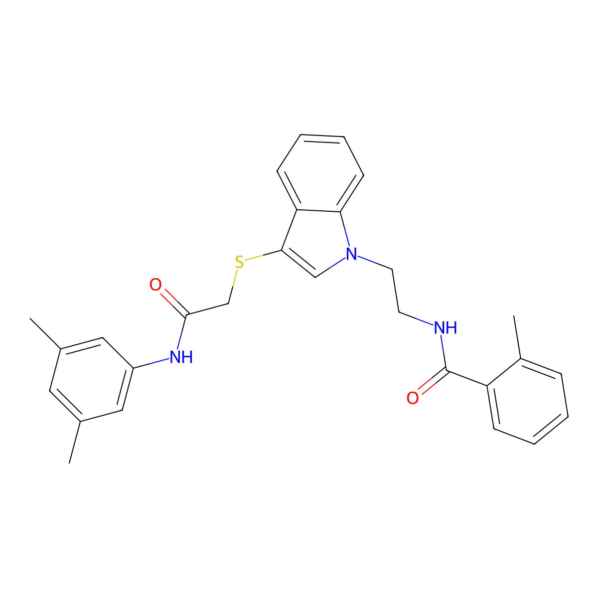 N-(2-(3-((2-((3,5-dimethylphenyl)amino)-2-oxoethyl)thio)-1H-indol-1-yl)ethyl)-2-methylbenzamide molecular structure, CAS 532970-37-9