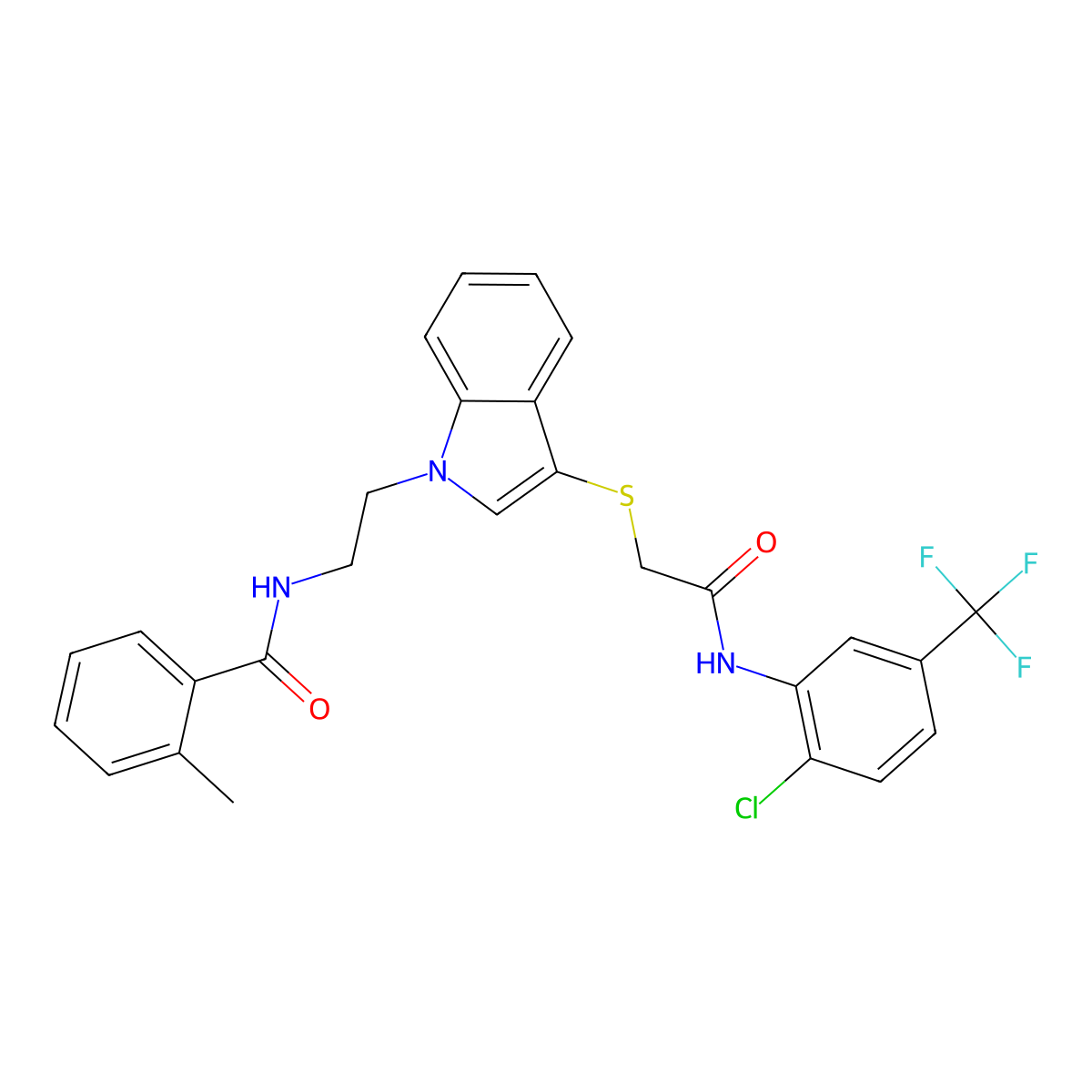 N-[2-[3-[2-[2-chloro-5-(trifluoromethyl)anilino]-2-oxoethyl]sulfanylindol-1-yl]ethyl]-2-methylbenzamide molecular structure, CAS 532970-38-0