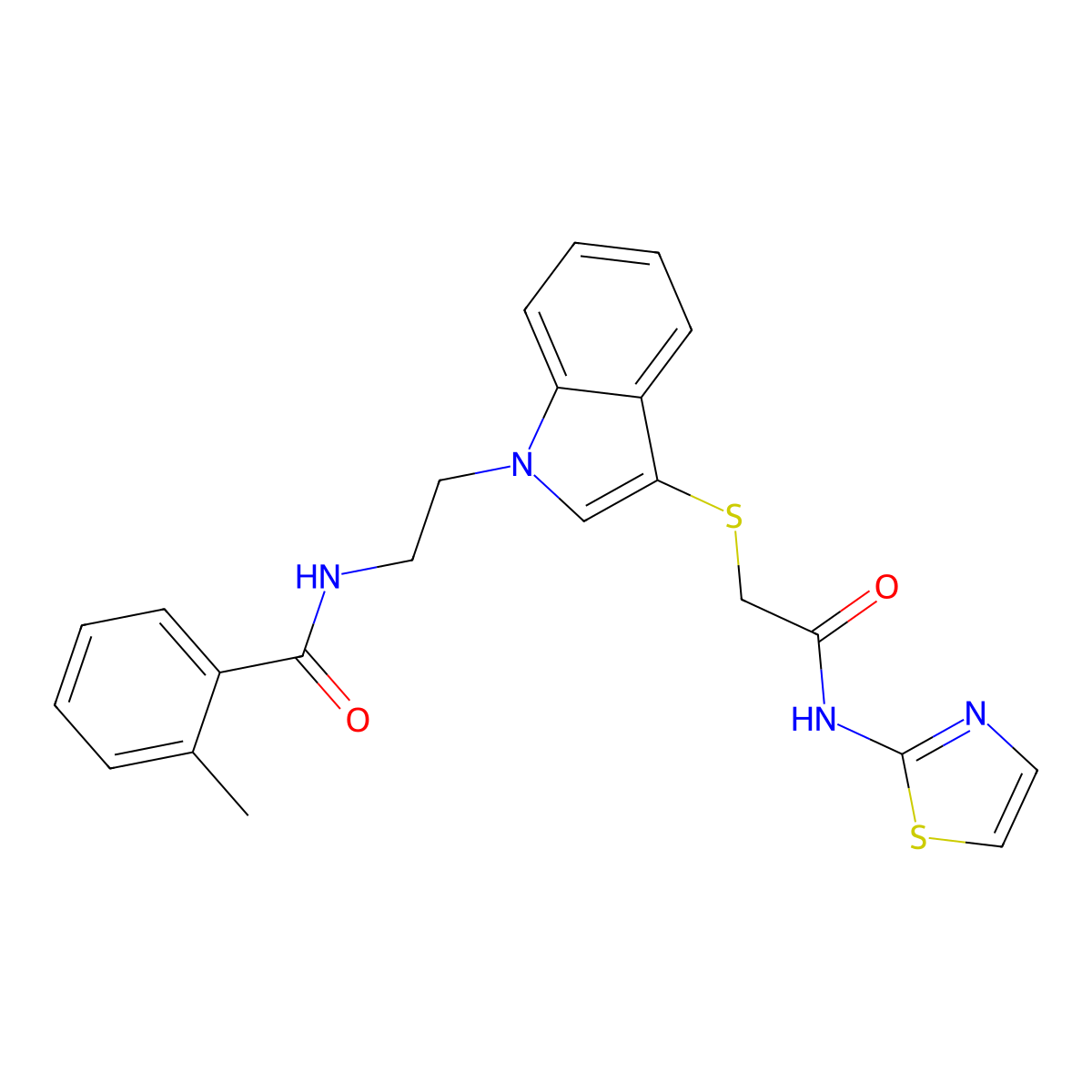 2-methyl-N-(2-(3-((2-oxo-2-(thiazol-2-ylamino)ethyl)thio)-1H-indol-1-yl)ethyl)benzamide molecular structure, CAS 532970-39-1