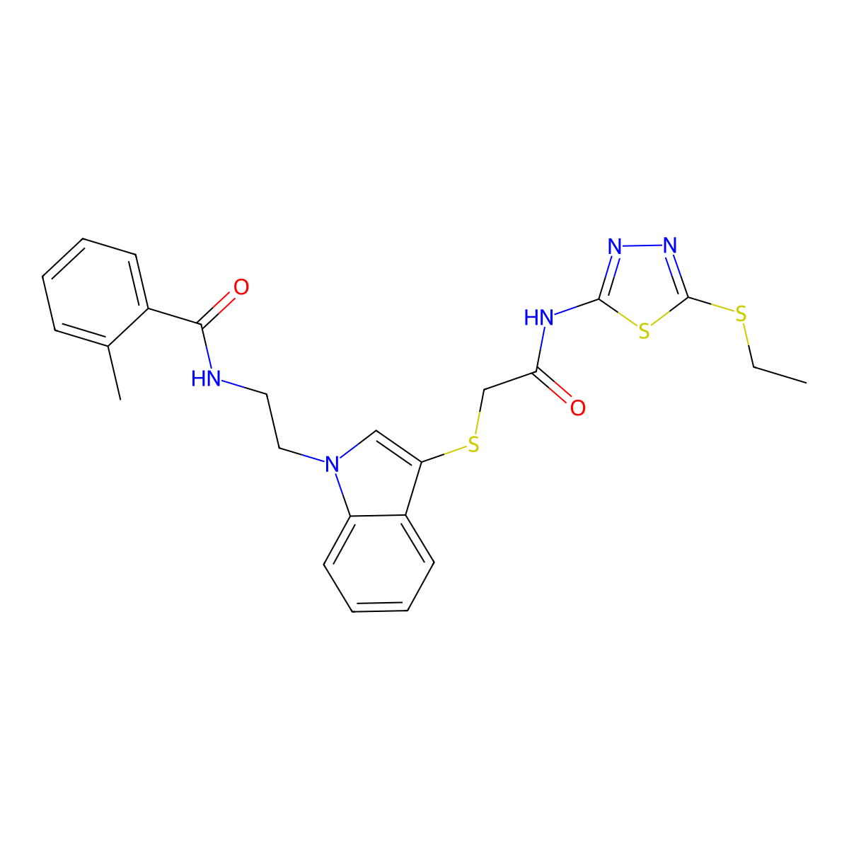 N-[2-[3-[2-[(5-ethylsulfanyl-1,3,4-thiadiazol-2-yl)amino]-2-oxoethyl]sulfanylindol-1-yl]ethyl]-2-methylbenzamide molecular structure, CAS 532970-41-5