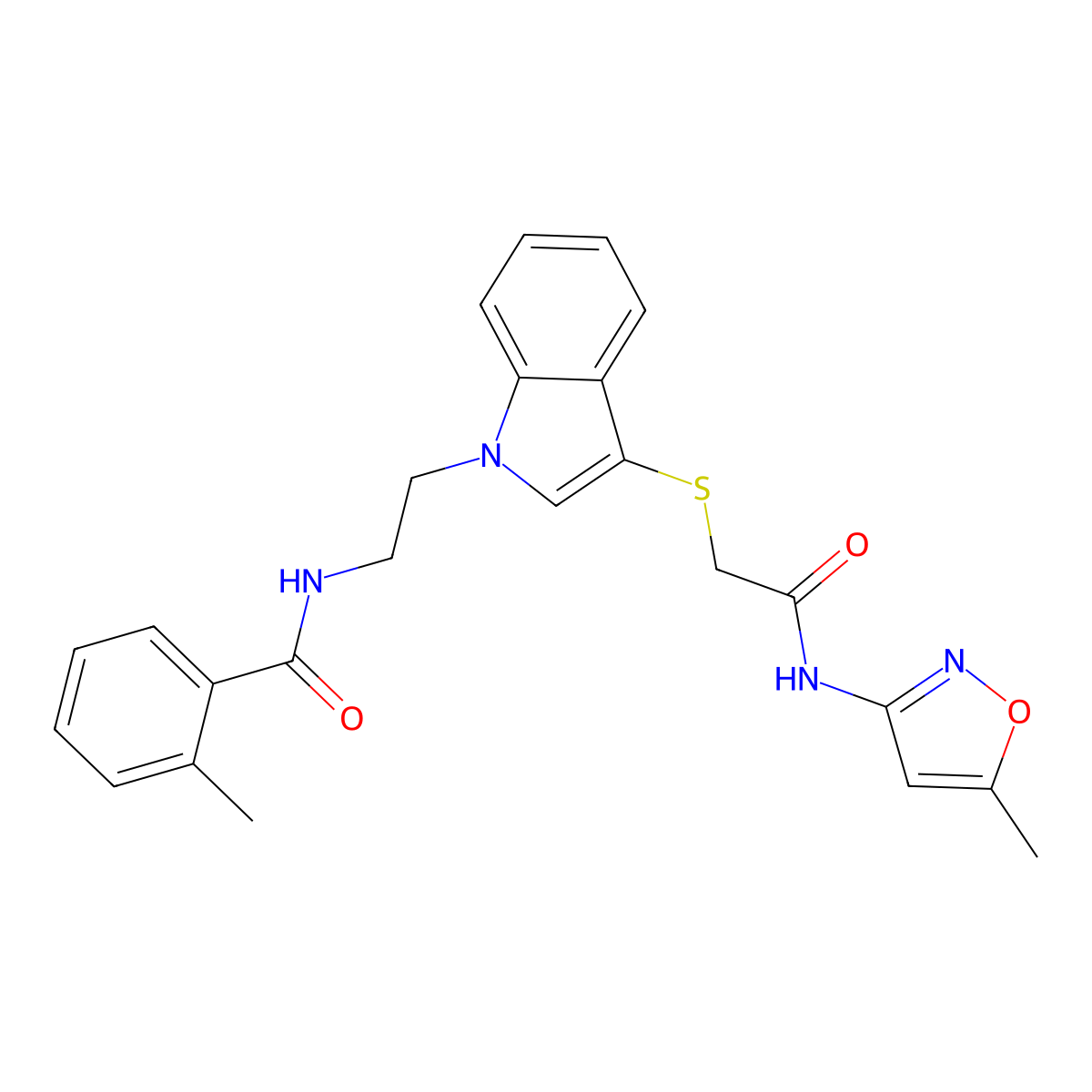2-methyl-N-(2-(3-((2-((5-methylisoxazol-3-yl)amino)-2-oxoethyl)thio)-1H-indol-1-yl)ethyl)benzamide molecular structure, CAS 532970-43-7