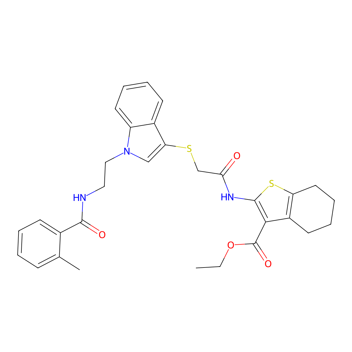 ethyl 2-(2-((1-(2-(2-methylbenzamido)ethyl)-1H-indol-3-yl)thio)acetamido)-4,5,6,7-tetrahydrobenzo[b]thiophene-3-carboxylate molecular structure, CAS 532970-44-8