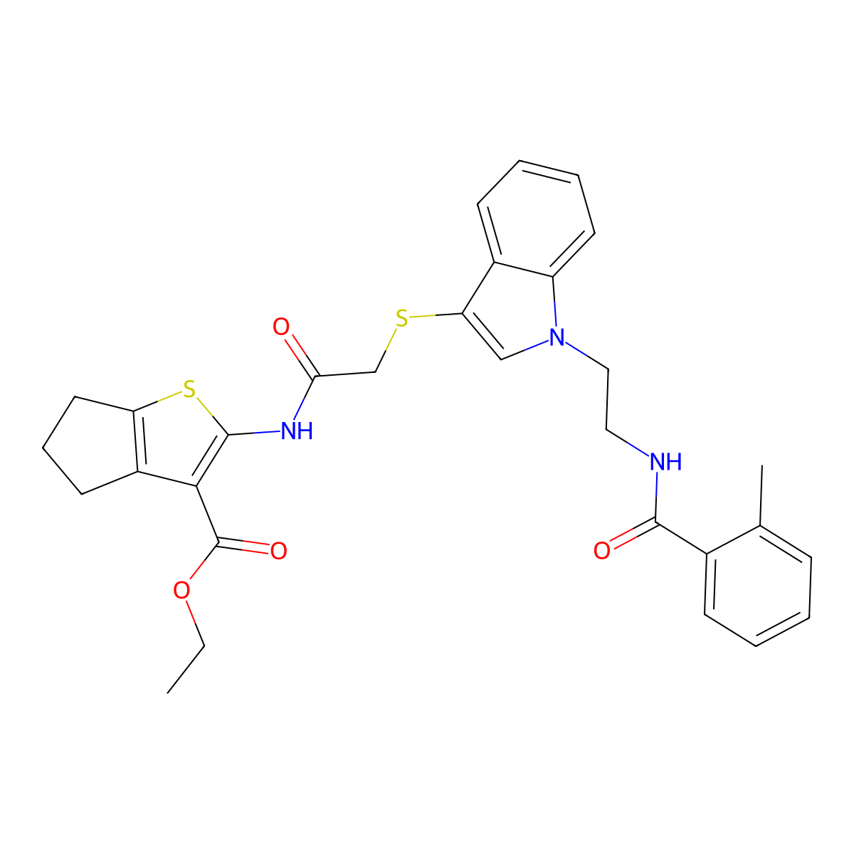 ethyl 2-(2-((1-(2-(2-methylbenzamido)ethyl)-1H-indol-3-yl)thio)acetamido)-5,6-dihydro-4H-cyclopenta[b]thiophene-3-carboxylate molecular structure, CAS 532970-45-9
