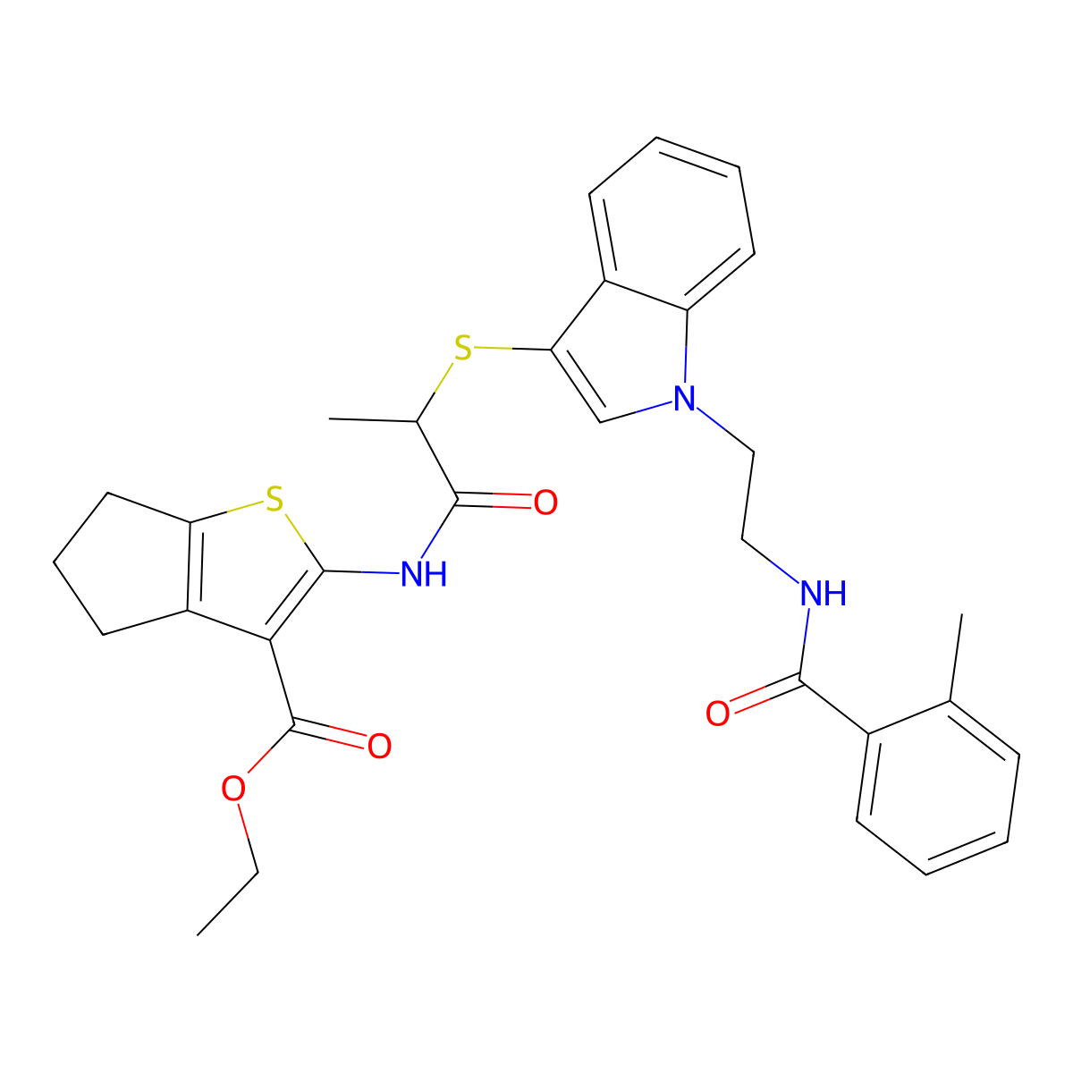 ethyl 2-(2-((1-(2-(2-methylbenzamido)ethyl)-1H-indol-3-yl)thio)propanamido)-5,6-dihydro-4H-cyclopenta[b]thiophene-3-carboxylate molecular structure, CAS 532970-46-0