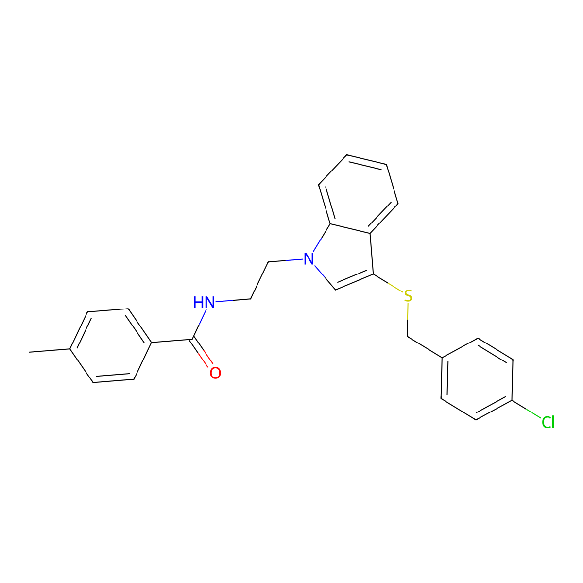 N-(2-(3-((4-chlorobenzyl)thio)-1H-indol-1-yl)ethyl)-4-methylbenzamide molecular structure, CAS 532970-65-3
