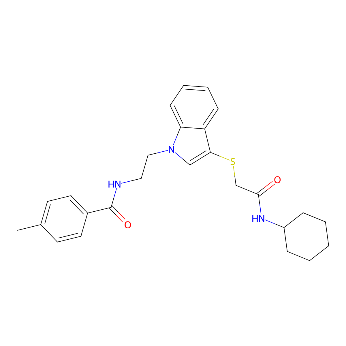 N-[2-[3-[2-(cyclohexylamino)-2-oxoethyl]sulfanylindol-1-yl]ethyl]-4-methylbenzamide molecular structure, CAS 532970-76-6