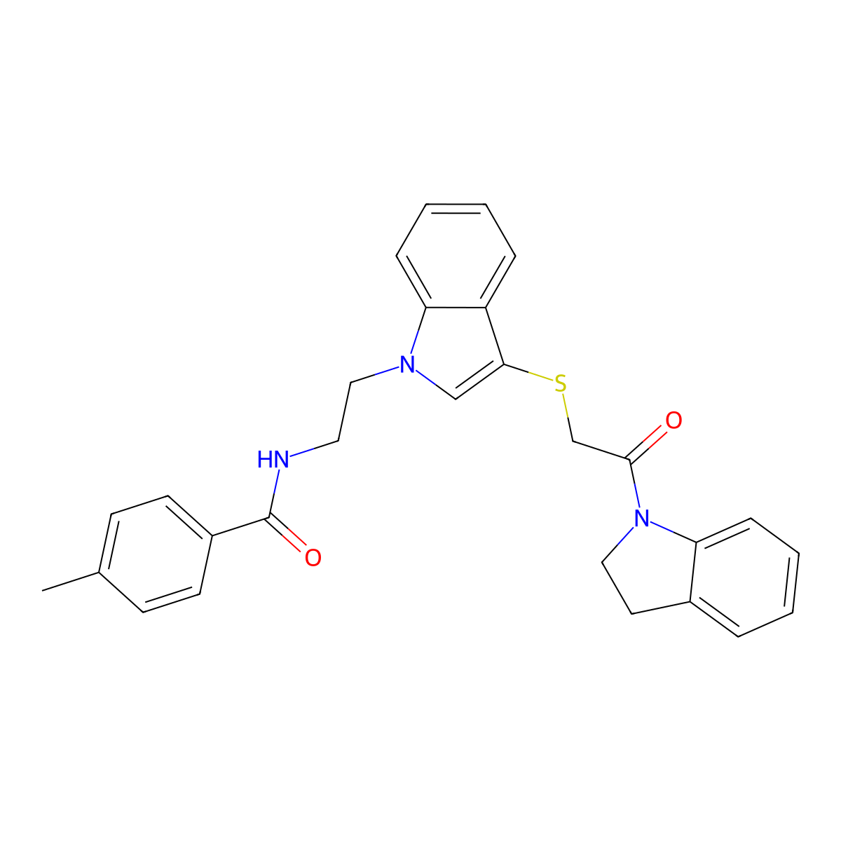 N-(2-(3-((2-(indolin-1-yl)-2-oxoethyl)thio)-1H-indol-1-yl)ethyl)-4-methylbenzamide molecular structure, CAS 532970-77-7