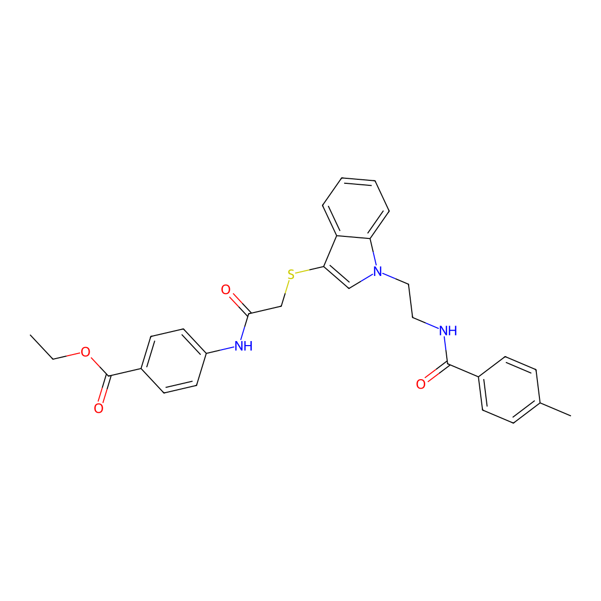 Ethyl 4-[[2-[1-[2-[(4-methylbenzoyl)amino]ethyl]indol-3-yl]sulfanylacetyl]amino]benzoate molecular structure, CAS 532970-87-9