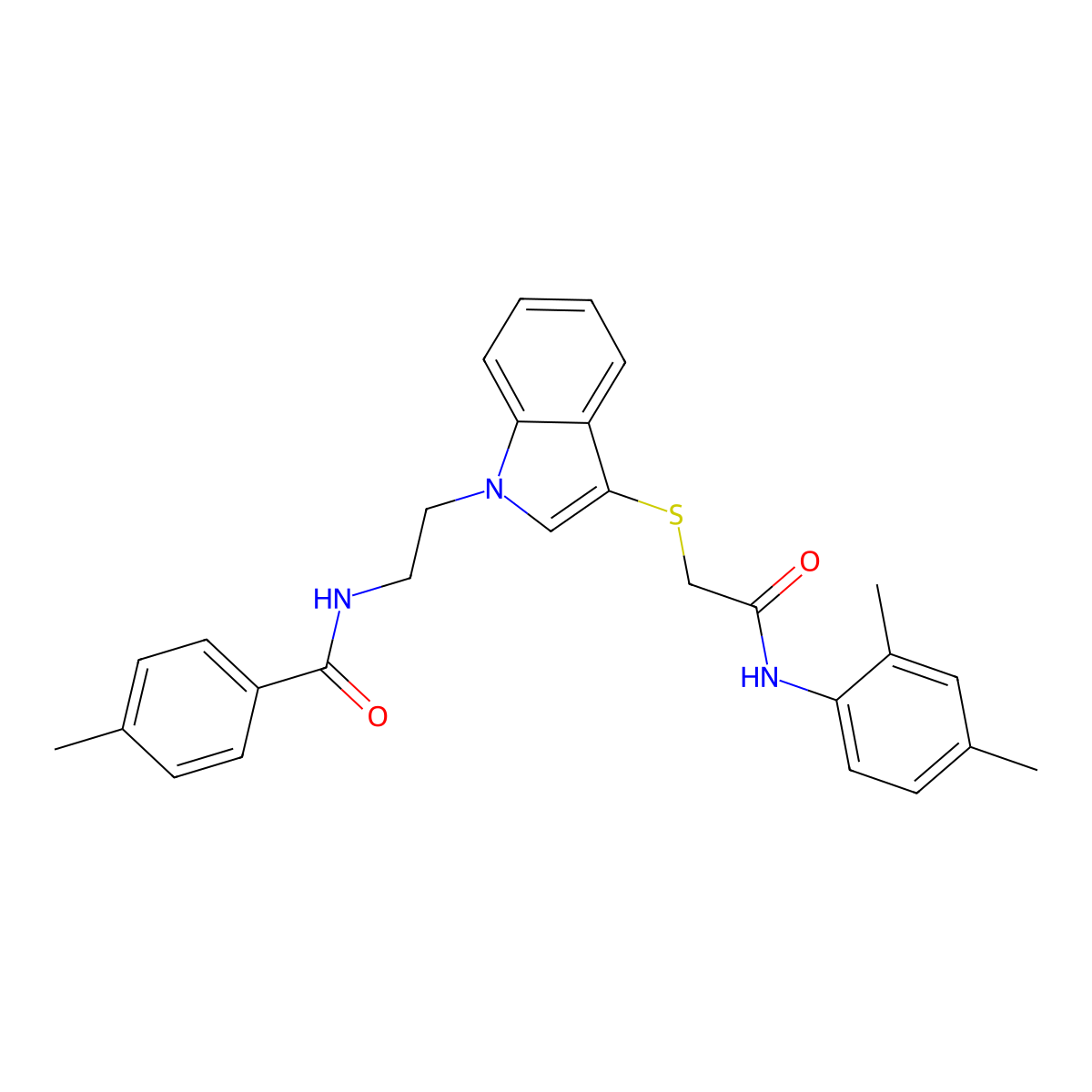 N-(2-(3-((2-((2,4-dimethylphenyl)amino)-2-oxoethyl)thio)-1H-indol-1-yl)ethyl)-4-methylbenzamide molecular structure, CAS 532970-90-4