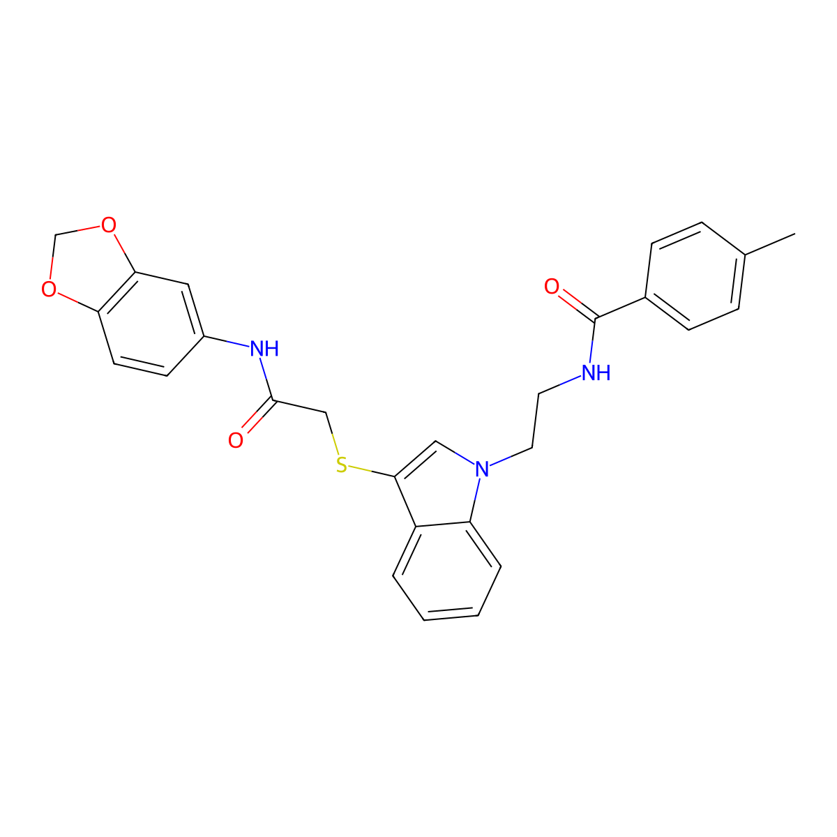 N-[2-[3-[2-(1,3-benzodioxol-5-ylamino)-2-oxoethyl]sulfanylindol-1-yl]ethyl]-4-methylbenzamide molecular structure, CAS 532970-91-5