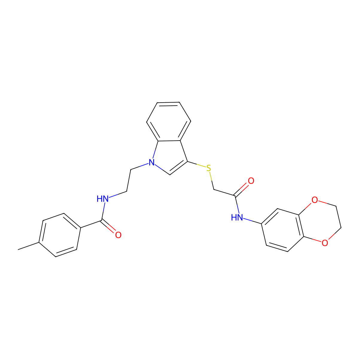 N-[2-[3-[2-(2,3-dihydro-1,4-benzodioxin-6-ylamino)-2-oxoethyl]sulfanylindol-1-yl]ethyl]-4-methylbenzamide molecular structure, CAS 532970-92-6