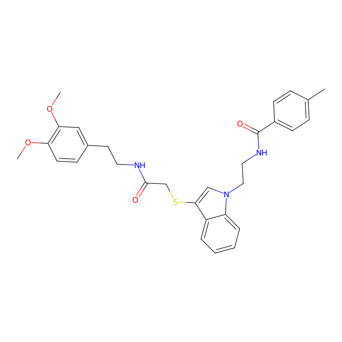 N-[2-[3-[2-[2-(3,4-dimethoxyphenyl)ethylamino]-2-oxoethyl]sulfanylindol-1-yl]ethyl]-4-methylbenzamide molecular structure, CAS 532970-93-7