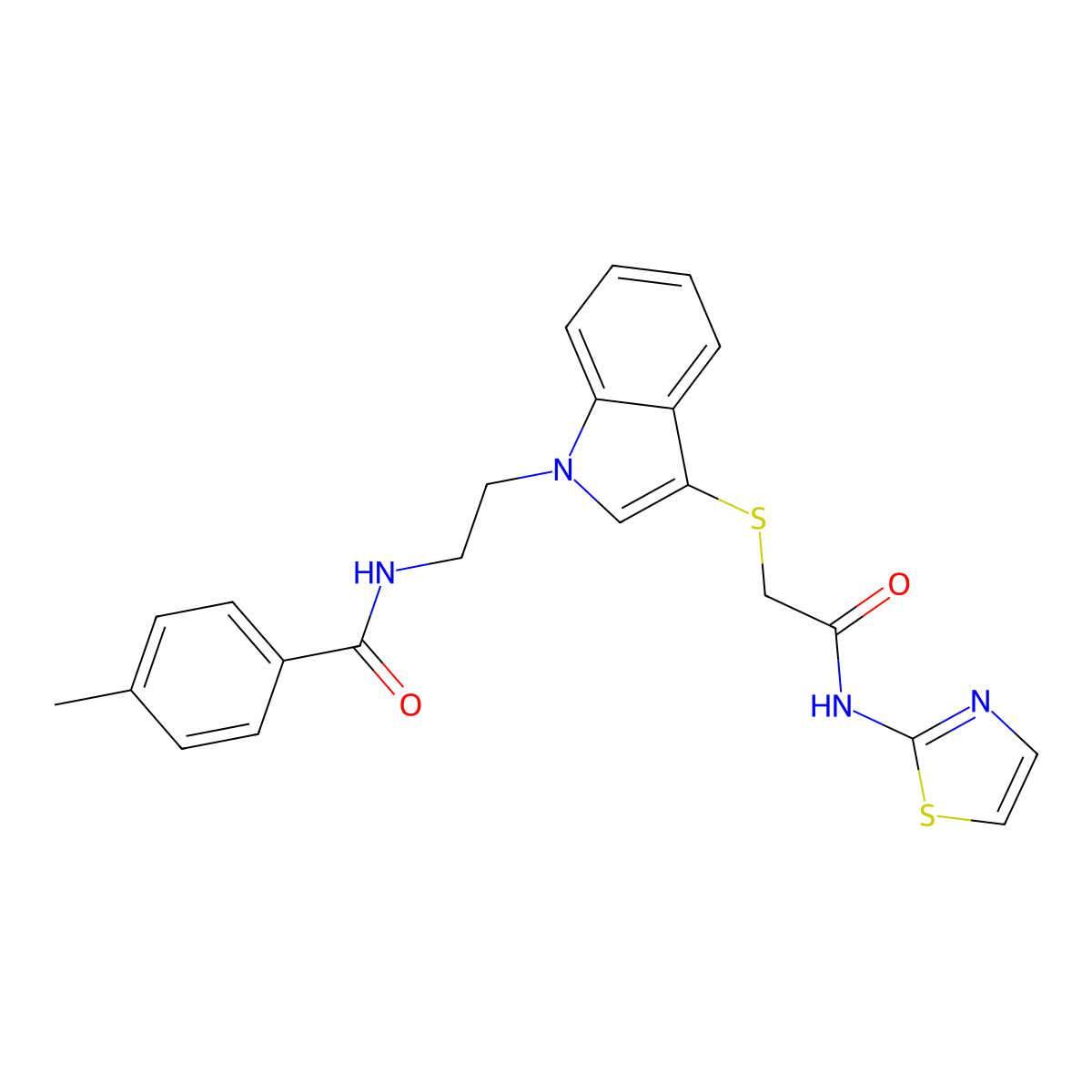 4-methyl-N-(2-(3-((2-oxo-2-(thiazol-2-ylamino)ethyl)thio)-1H-indol-1-yl)ethyl)benzamide molecular structure, CAS 532970-97-1