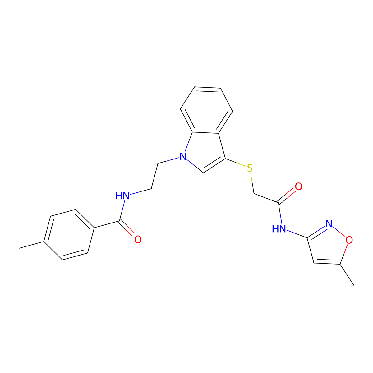 4-methyl-N-(2-(3-((2-((5-methylisoxazol-3-yl)amino)-2-oxoethyl)thio)-1H-indol-1-yl)ethyl)benzamide molecular structure, CAS 532971-18-9