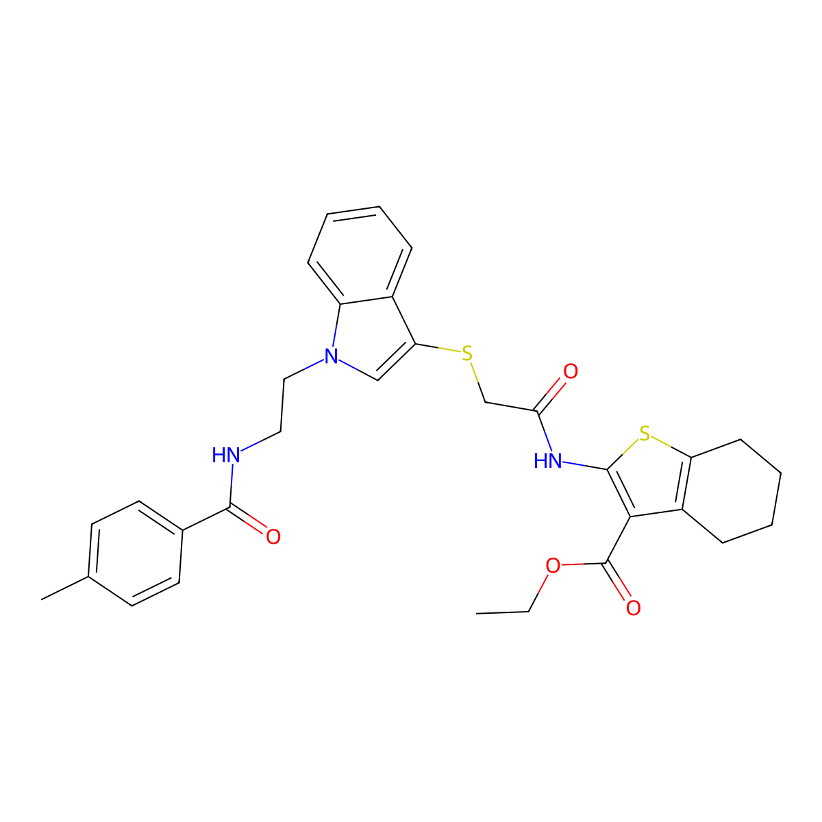 Ethyl 2-[[2-[1-[2-[(4-methylbenzoyl)amino]ethyl]indol-3-yl]sulfanylacetyl]amino]-4,5,6,7-tetrahydro-1-benzothiophene-3-carboxylate molecular structure, CAS 532971-19-0