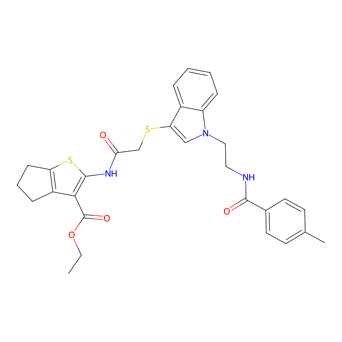 ethyl 2-[[2-[1-[2-[(4-methylbenzoyl)amino]ethyl]indol-3-yl]sulfanylacetyl]amino]-5,6-dihydro-4H-cyclopenta[b]thiophene-3-carboxylate molecular structure, CAS 532971-20-3