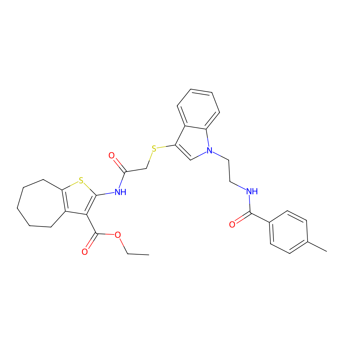 ethyl 2-[[2-[1-[2-[(4-methylbenzoyl)amino]ethyl]indol-3-yl]sulfanylacetyl]amino]-5,6,7,8-tetrahydro-4H-cyclohepta[b]thiophene-3-carboxylate molecular structure, CAS 532971-22-5