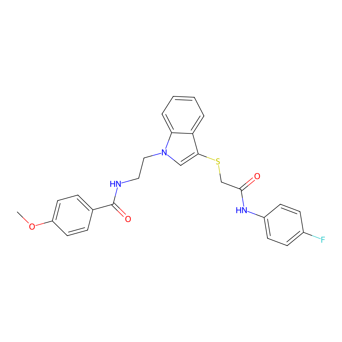 N-(2-(3-((2-((4-fluorophenyl)amino)-2-oxoethyl)thio)-1H-indol-1-yl)ethyl)-4-methoxybenzamide molecular structure, CAS 532971-57-6