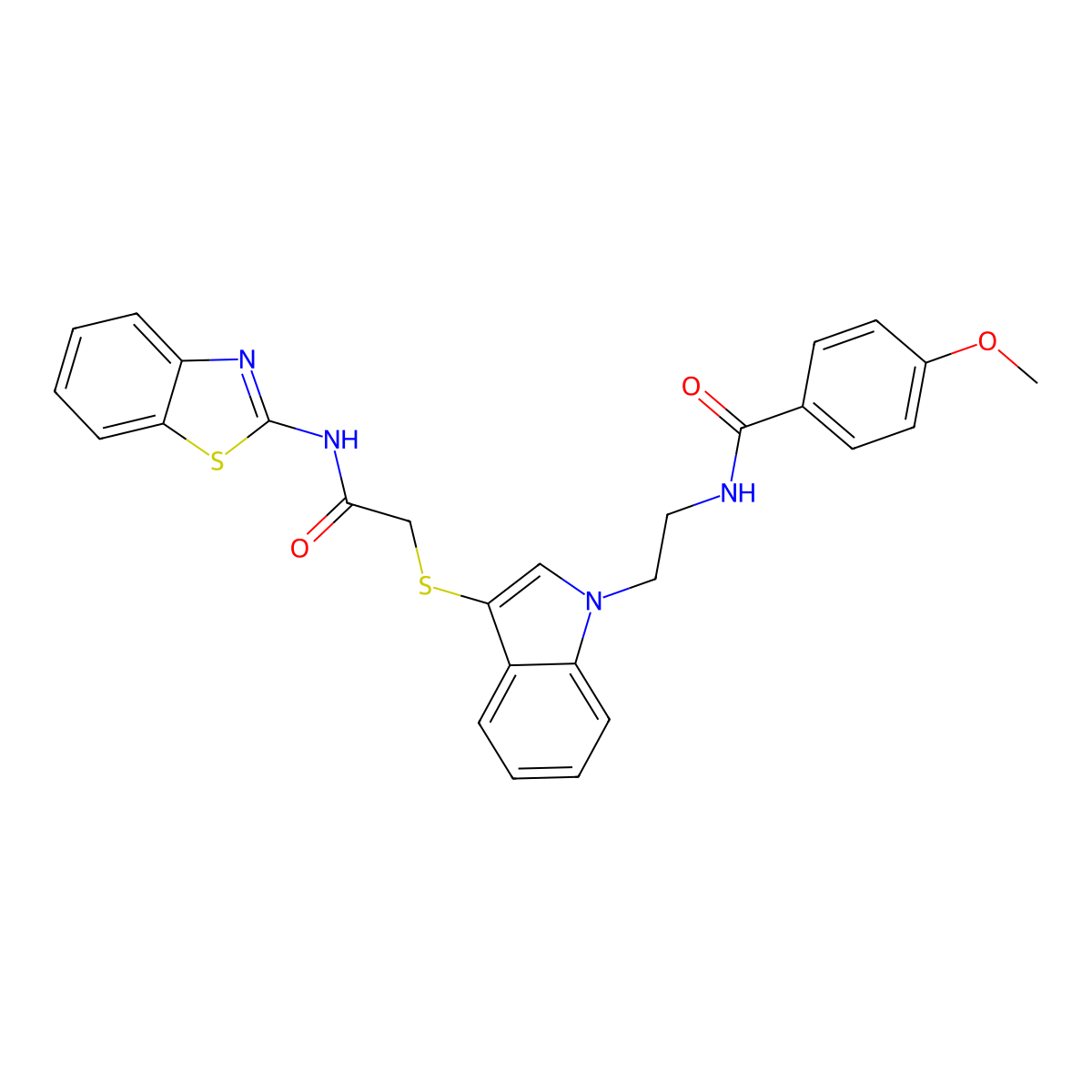 N-(2-(3-((2-(benzo[d]thiazol-2-ylamino)-2-oxoethyl)thio)-1H-indol-1-yl)ethyl)-4-methoxybenzamide molecular structure, CAS 532971-72-5