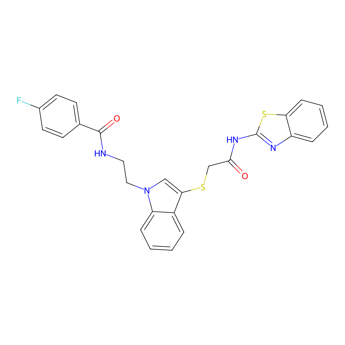 N-(2-(3-((2-(benzo[d]thiazol-2-ylamino)-2-oxoethyl)thio)-1H-indol-1-yl)ethyl)-4-fluorobenzamide molecular structure, CAS 532972-18-2