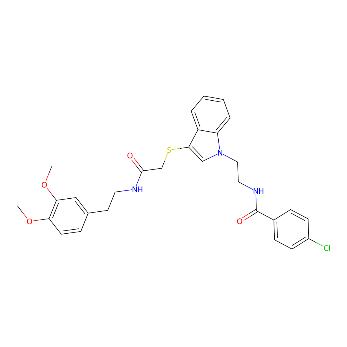4-chloro-N-(2-(3-((2-((3,4-dimethoxyphenethyl)amino)-2-oxoethyl)thio)-1H-indol-1-yl)ethyl)benzamide molecular structure, CAS 532972-54-6