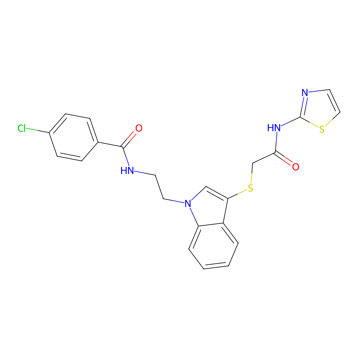 4-chloro-N-(2-(3-((2-oxo-2-(thiazol-2-ylamino)ethyl)thio)-1H-indol-1-yl)ethyl)benzamide molecular structure, CAS 532972-58-0