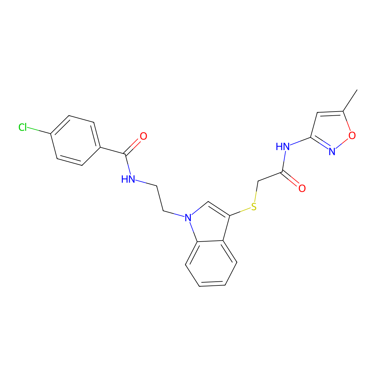 4-chloro-N-[2-[3-[2-[(5-methyl-1,2-oxazol-3-yl)amino]-2-oxoethyl]sulfanylindol-1-yl]ethyl]benzamide molecular structure, CAS 532972-62-6
