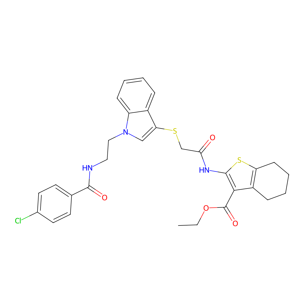 Ethyl 2-[[2-[1-[2-[(4-chlorobenzoyl)amino]ethyl]indol-3-yl]sulfanylacetyl]amino]-4,5,6,7-tetrahydro-1-benzothiophene-3-carboxylate molecular structure, CAS 532972-63-7