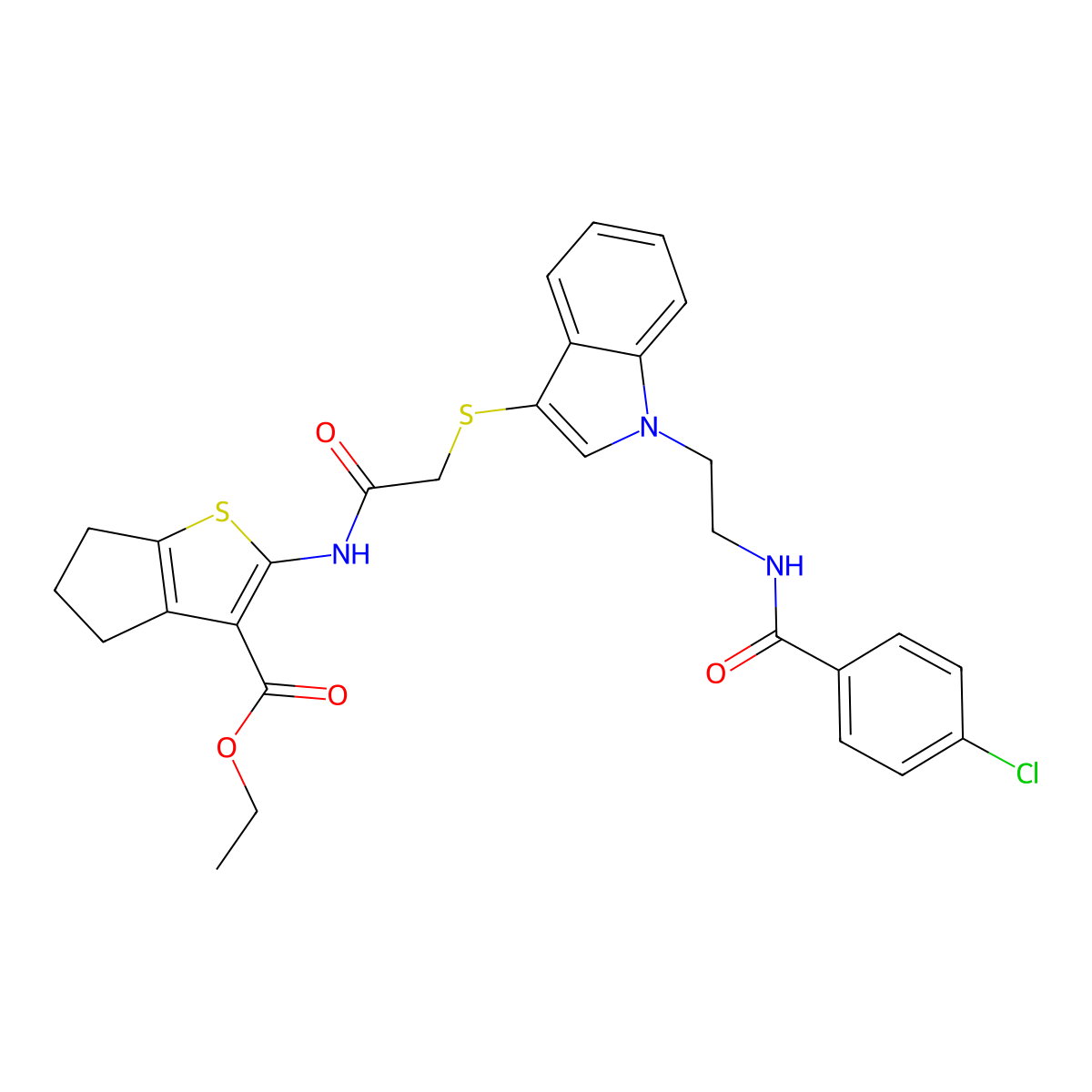 ethyl 2-[[2-[1-[2-[(4-chlorobenzoyl)amino]ethyl]indol-3-yl]sulfanylacetyl]amino]-5,6-dihydro-4H-cyclopenta[b]thiophene-3-carboxylate molecular structure, CAS 532972-64-8