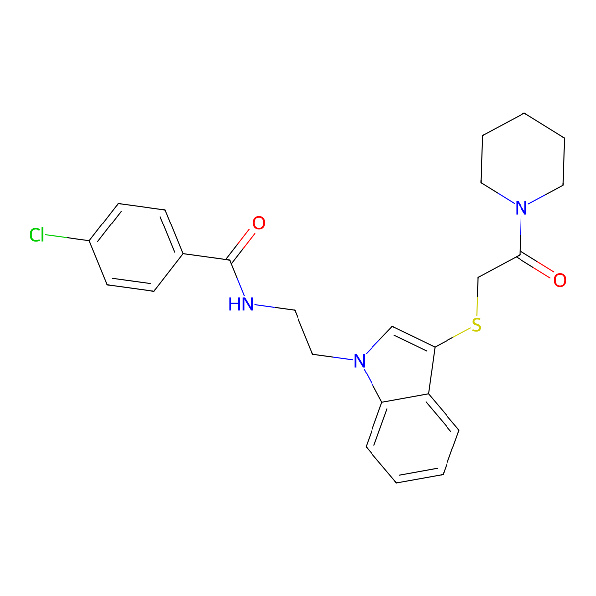 4-chloro-N-(2-(3-((2-oxo-2-(piperidin-1-yl)ethyl)thio)-1H-indol-1-yl)ethyl)benzamide molecular structure, CAS 532972-76-2