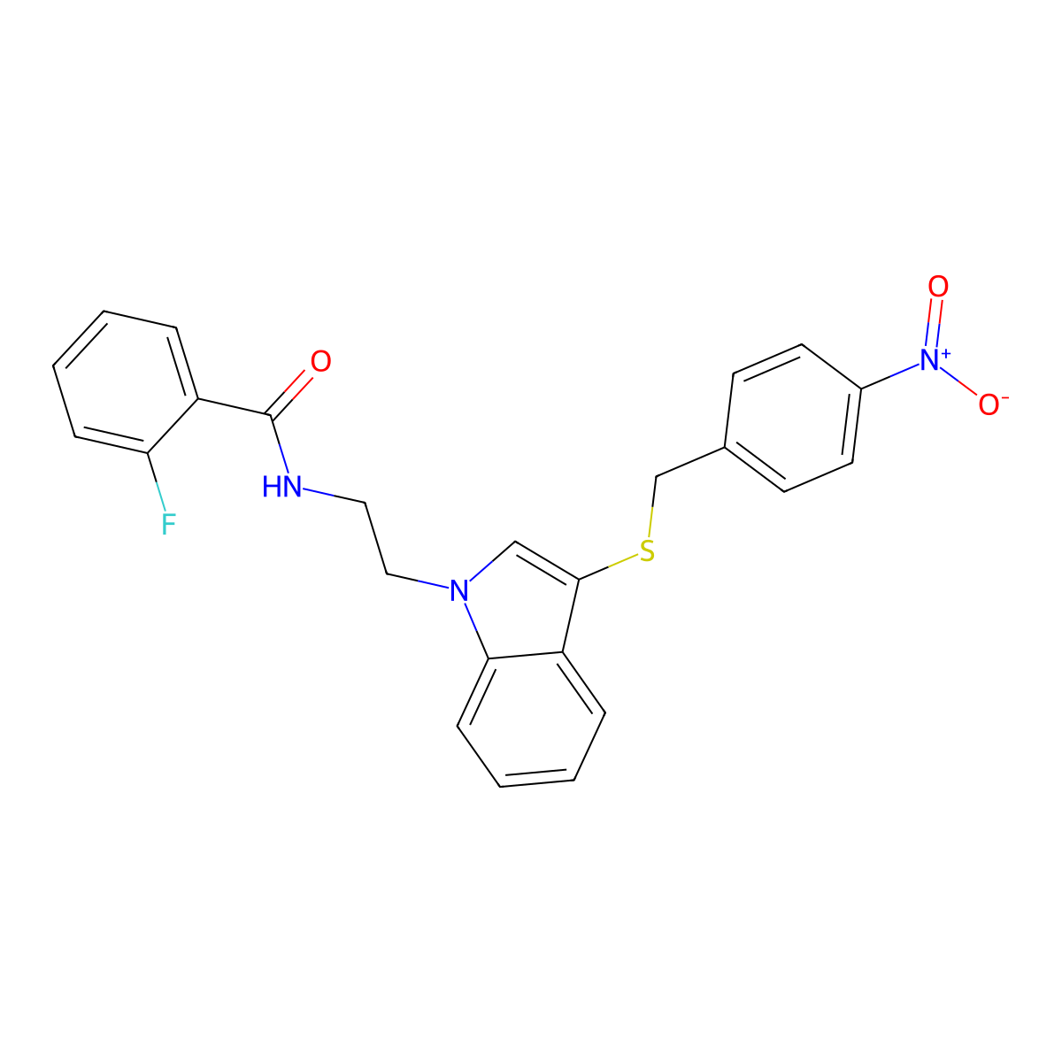 2-fluoro-N-[2-[3-[(4-nitrophenyl)methylsulfanyl]indol-1-yl]ethyl]benzamide molecular structure, CAS 532972-78-4